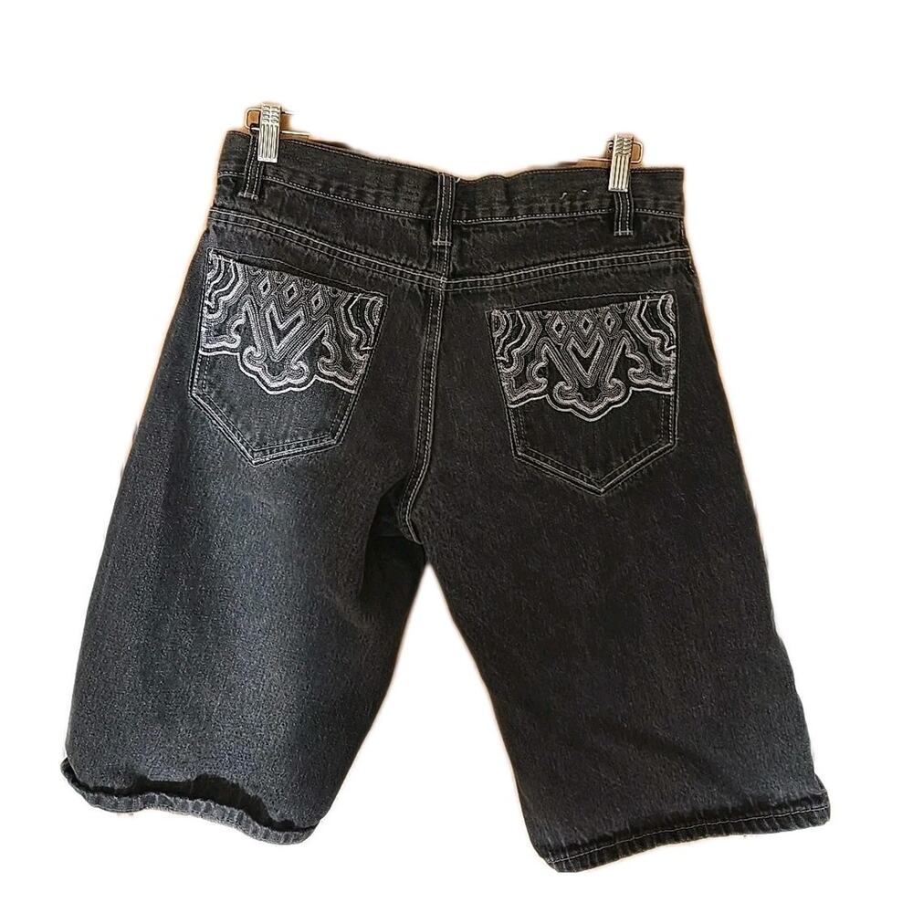 AVIREX Vintage 32X13 Streetwear Hip Hop BLACK Denim Shorts Embroidered Baggy